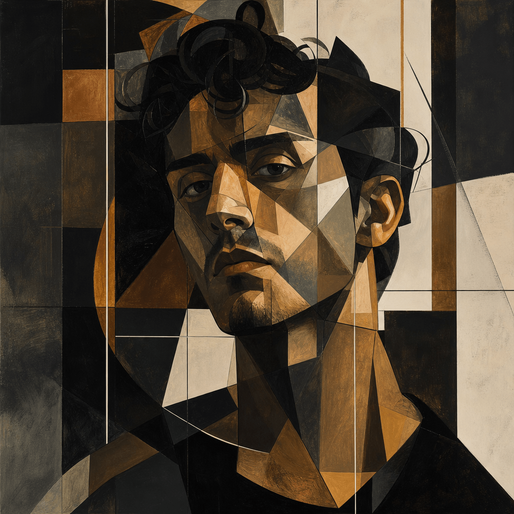 Modern cubist self-portrait illustration with fragmented planes, bold brushstrokes, clean lines, dark moody aesthetic, g