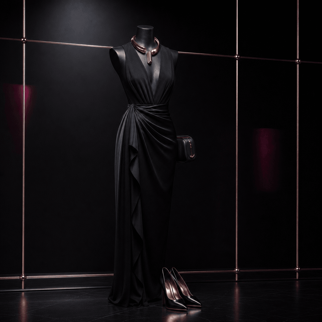 An elegant evening outfit on an abstract mannequin form, framed by thin metallic lines suggesting a weekly schedule. Bla