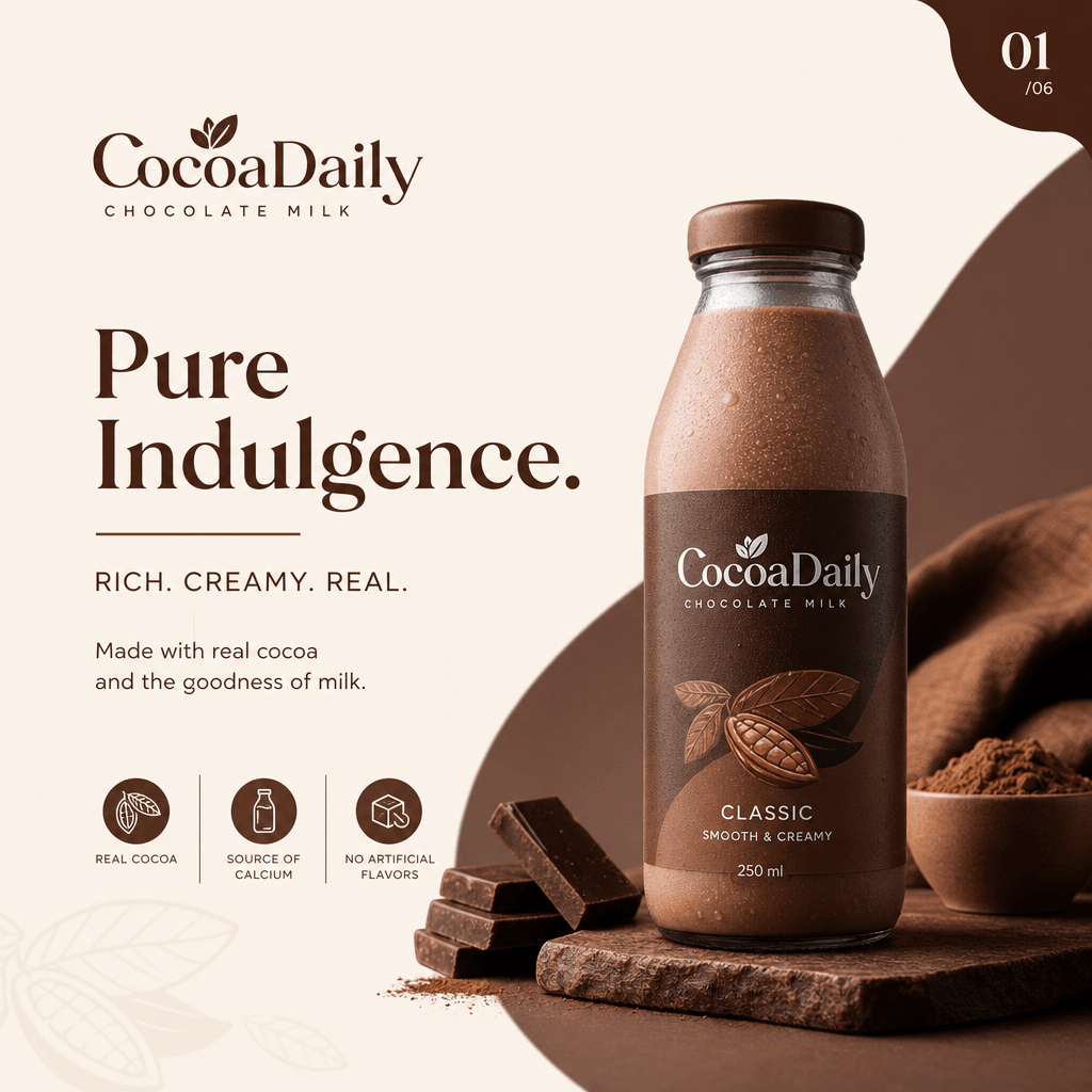 Instagram carousel card design featuring beverage or food product. Slide 1 shows product hero shot, clean minimal design