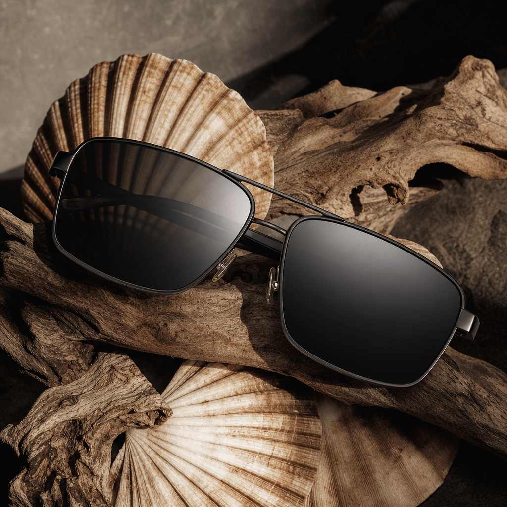 A pair of modern sunglasses placed diagonally across scallop shells and weathered driftwood, cinematic dark editorial ac