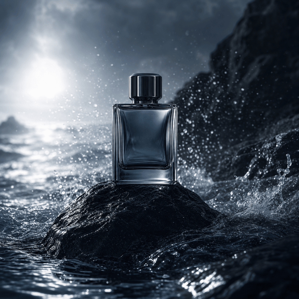 An elegant perfume bottle resting on a wet black coastal rock as transparent ocean water flows around it, dramatic dark 
