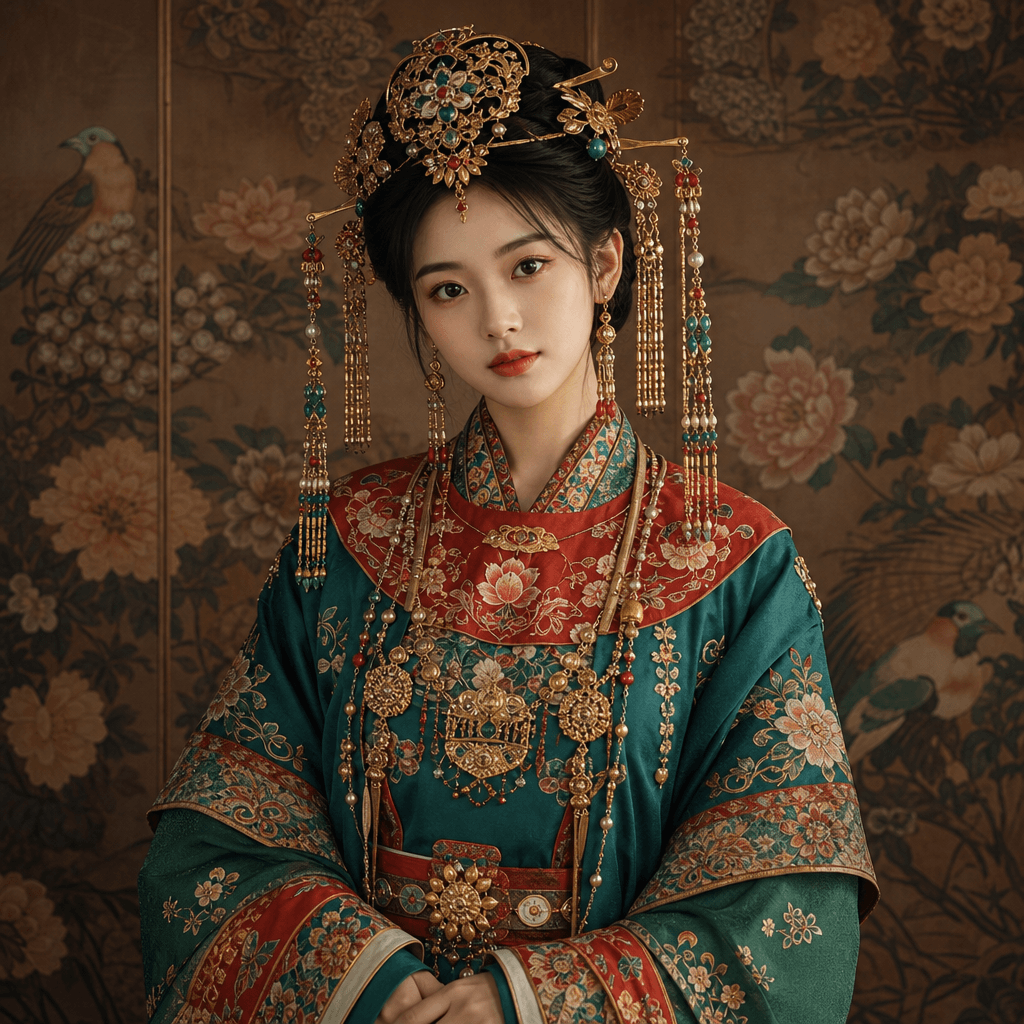 Person in beautiful Asian folk costume, traditional silk garments with detailed embroidered designs, authentic cultural 