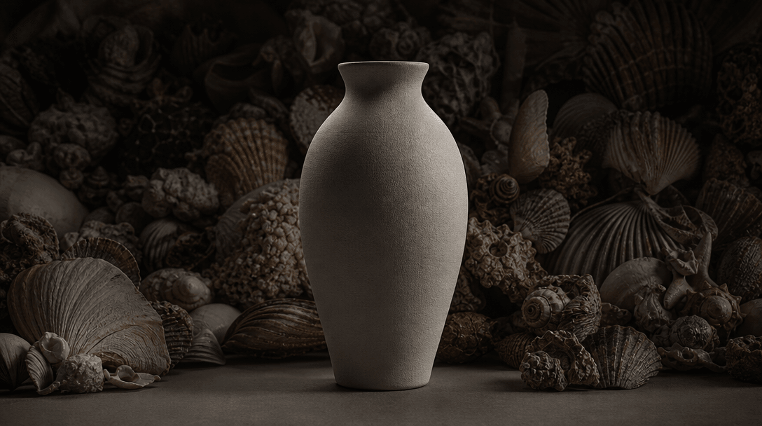 A single matte ceramic object standing clearly against an intricate field of shells, demonstrating strong visual hierarc