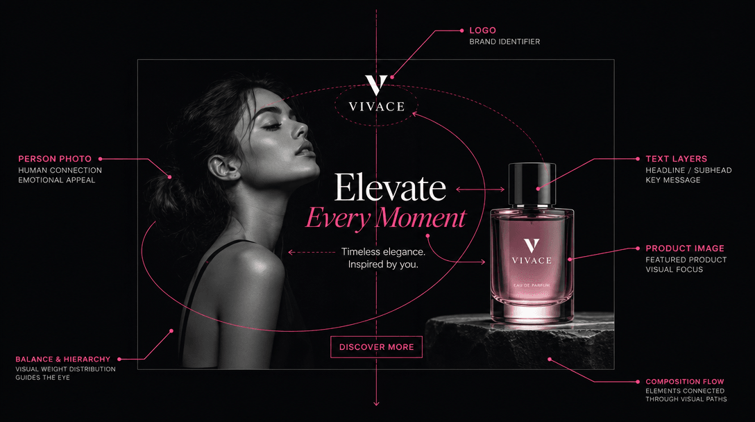 Abstract visualization of composition elements: person photo, logo, product image, text layers arranged in balanced spat
