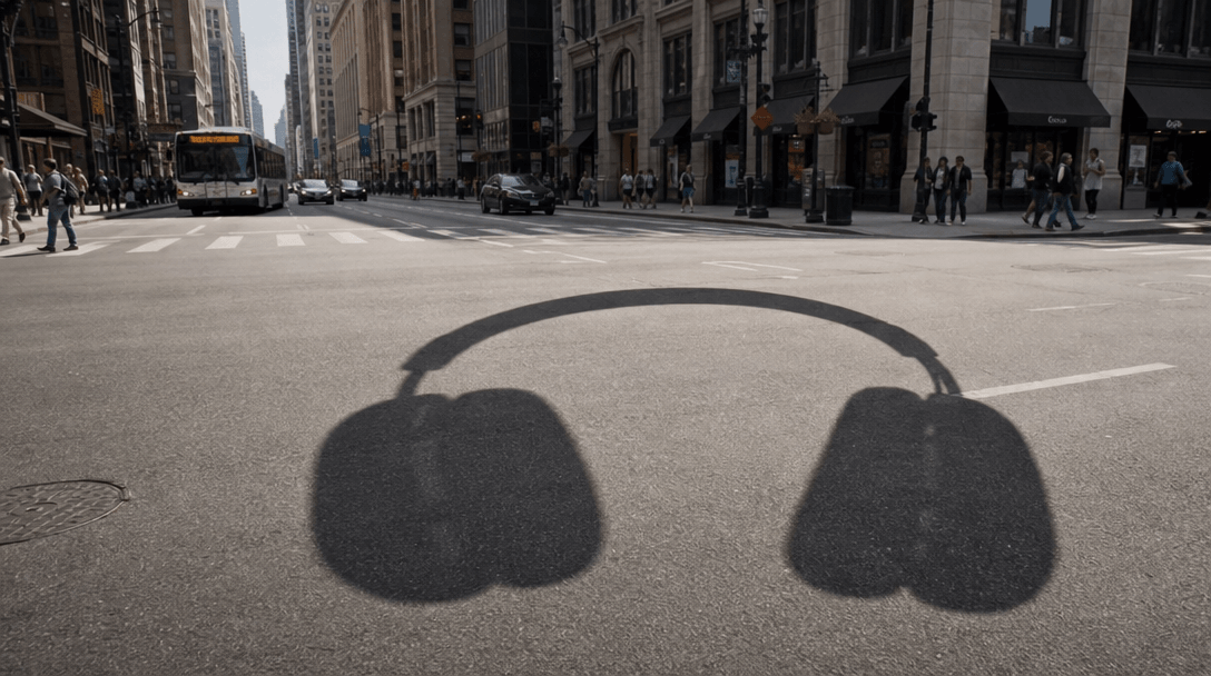 Product shadow cast dramatically on city street from floating object above, realistic shadow perspective, ground-level v