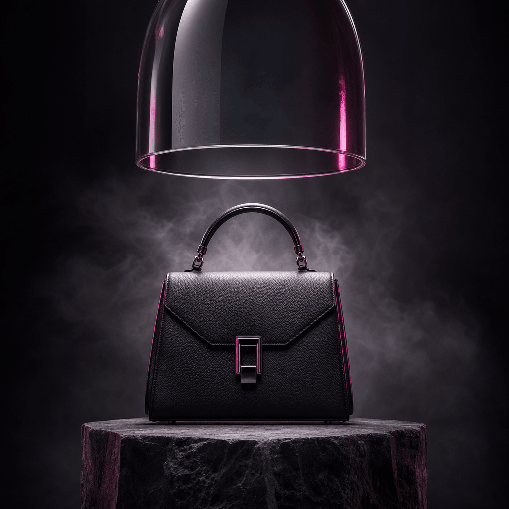 A structured black leather handbag revealed on a charcoal pedestal as a glass dome hovers above it, dark editorial fashi