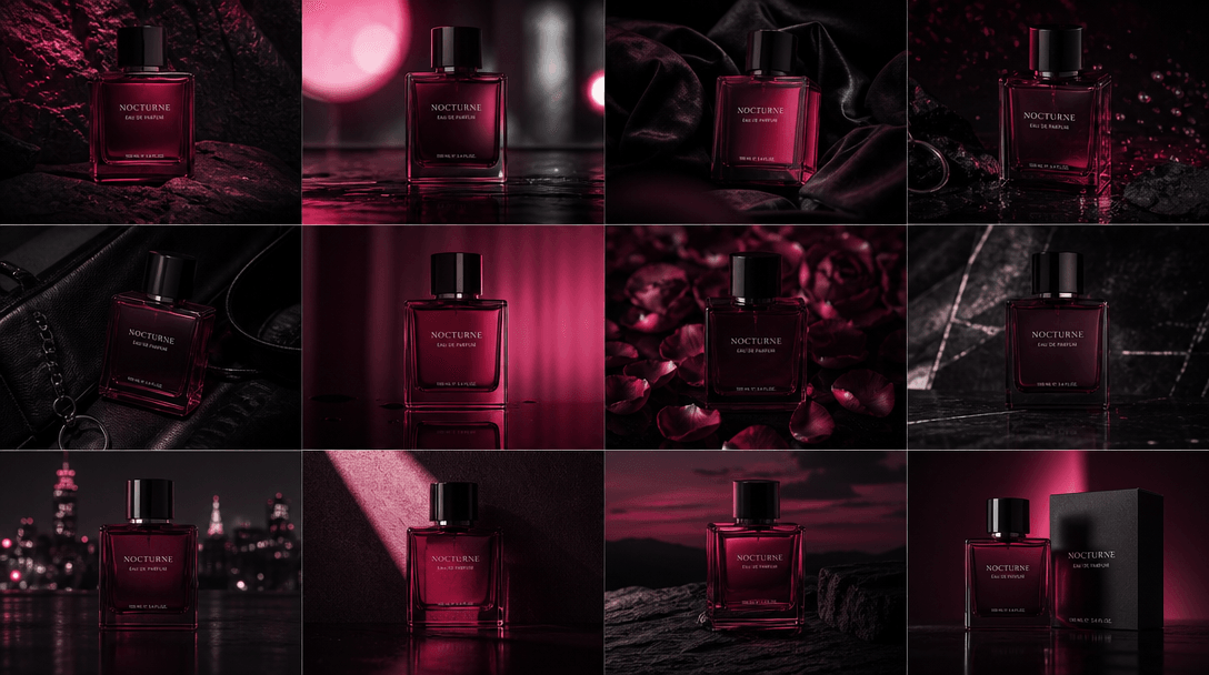 A grid-like arrangement of coordinated product scenes built from the same central object, with variations in background 