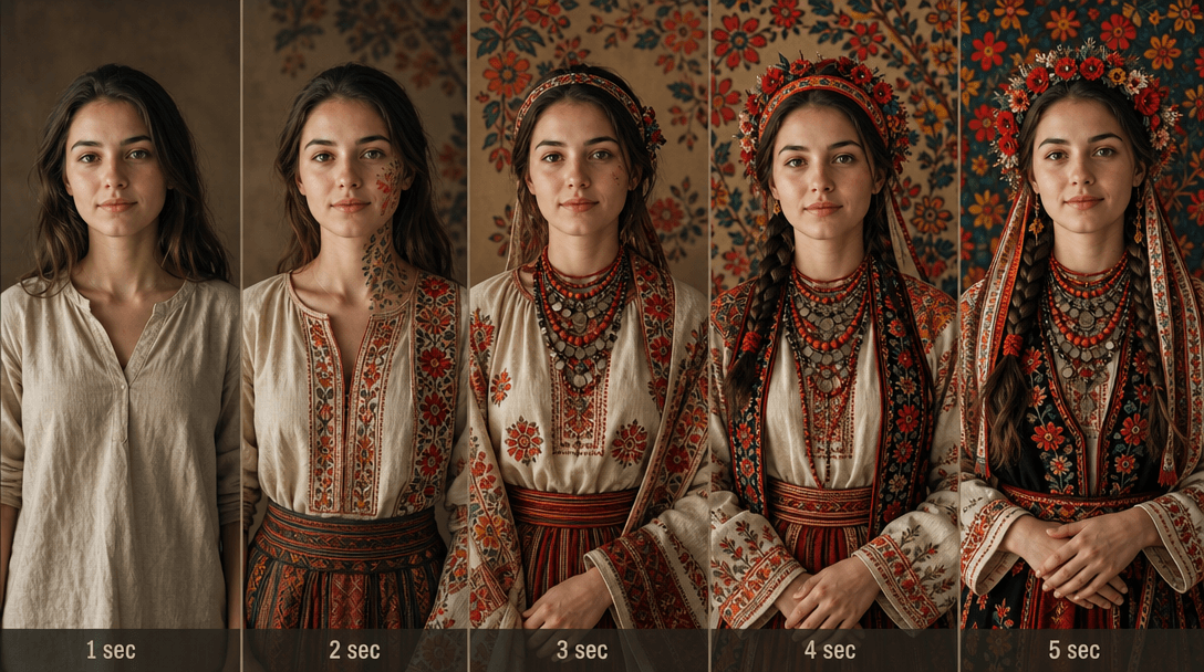 Portrait gradually transforming into folk costume with embroidered patterns and traditional garments materializing, cult
