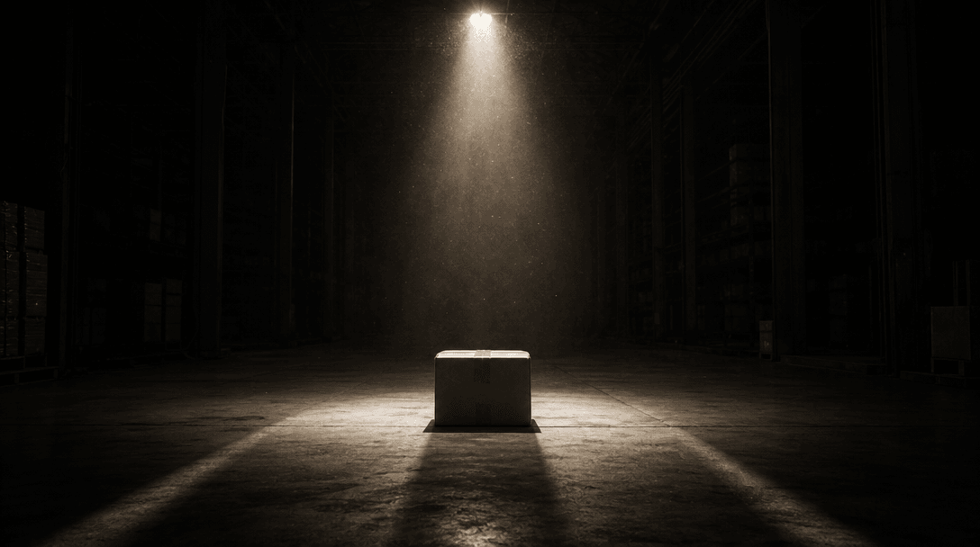 A single sealed parcel under a hard spotlight in a vast dark warehouse, long converging shadows directing attention towa
