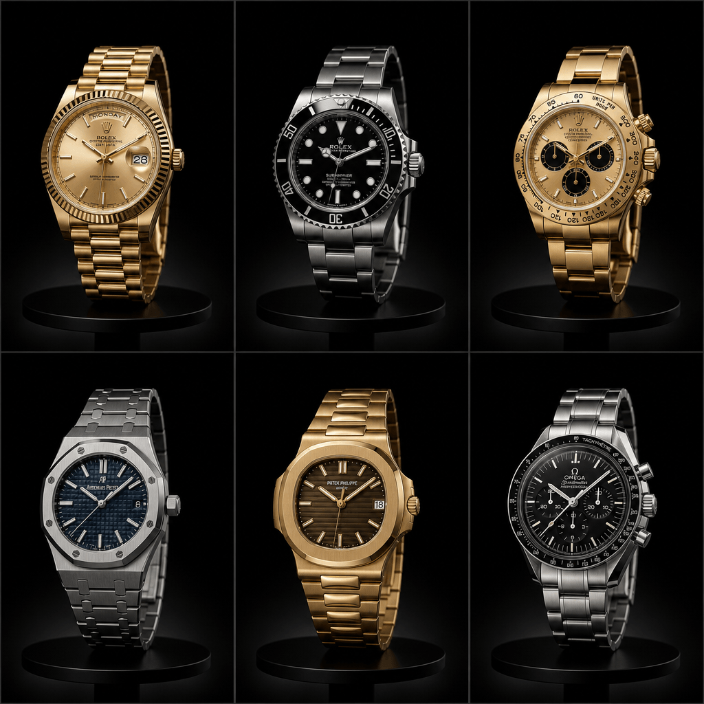 Animated grid of luxury watches — gold and silver timepieces arranged in 3x2 layout, each rotating gently to reveal dial