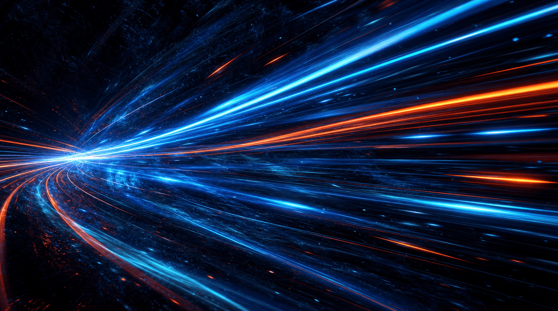 Fast motion effect: energy lines and light streaks flowing across dark textured background. Sense of rapid processing an