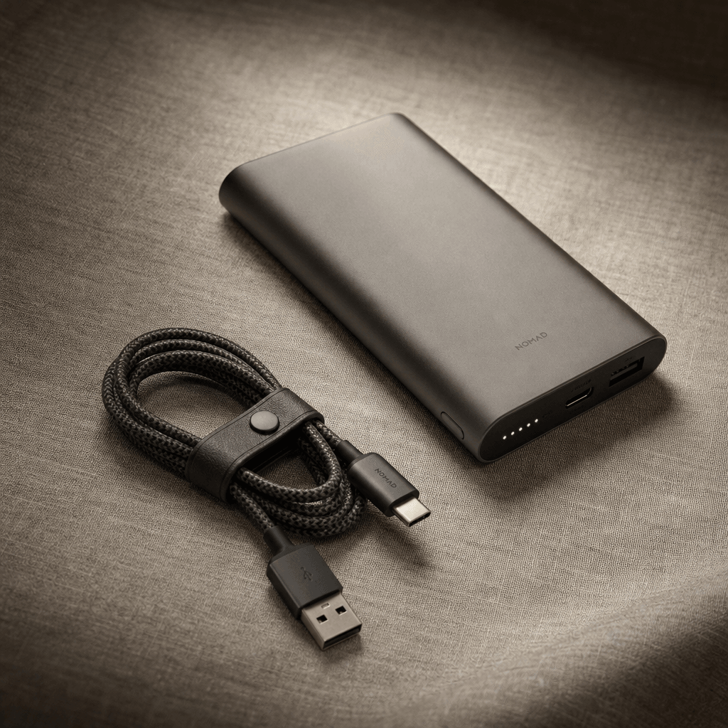 A portable power bank and braided cable on a textured linen surface, diffused overhead studio light creating soft direct