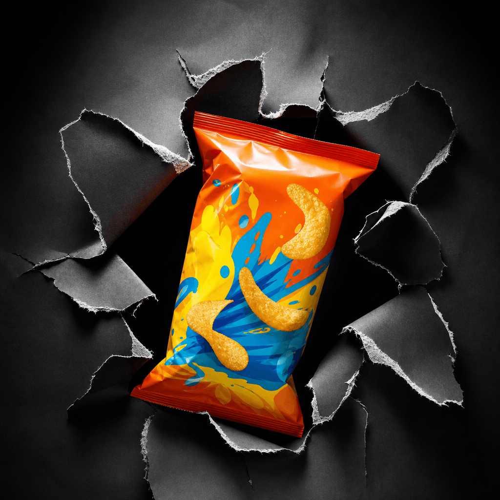 A bright-colored snack package bursting through a ripped paper reveal. Vivid product packaging colors against a deep dar
