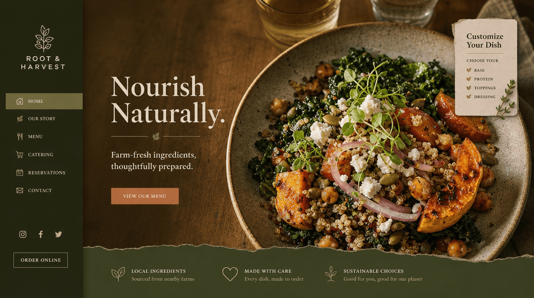 Color palette of earth tones and brand colors blending with food photography. Warm lighting, texture and depth suggestin