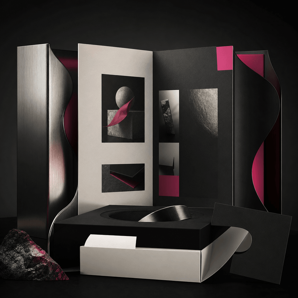 A premium ecommerce company profile visual surrounded by a sculptural product package, brushed metal, folded black card 