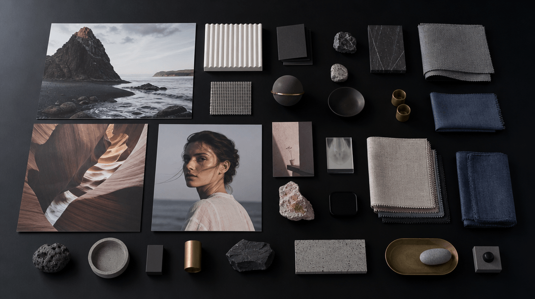 Overhead editorial scene: organized collection of physical creative outputs — large-format printed photographs, small pr