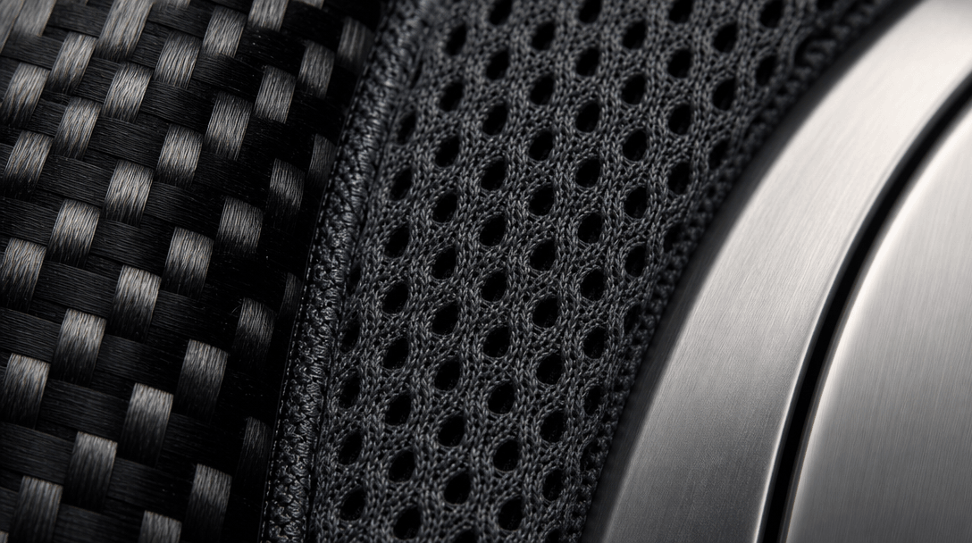 Extreme close-up macro of layered athletic materials side by side: carbon-fiber weave on the left, perforated performanc