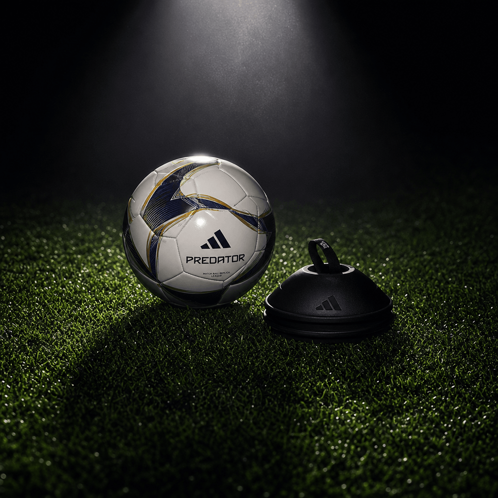 A polished soccer ball and compact training accessory arranged on deep green stadium grass under a narrow overhead spotl