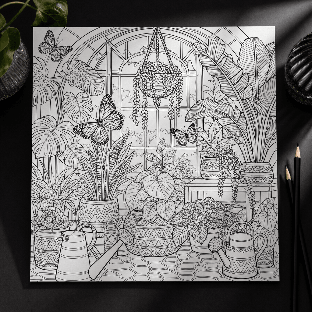 Square sophisticated coloring page of a botanical greenhouse filled with tropical leaves, butterflies, watering cans, an