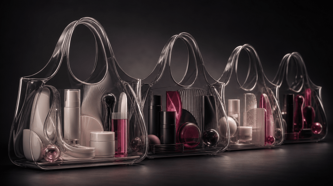 Four transparent sculptural handbag forms receding into a dark studio, each containing a different coordinated family of