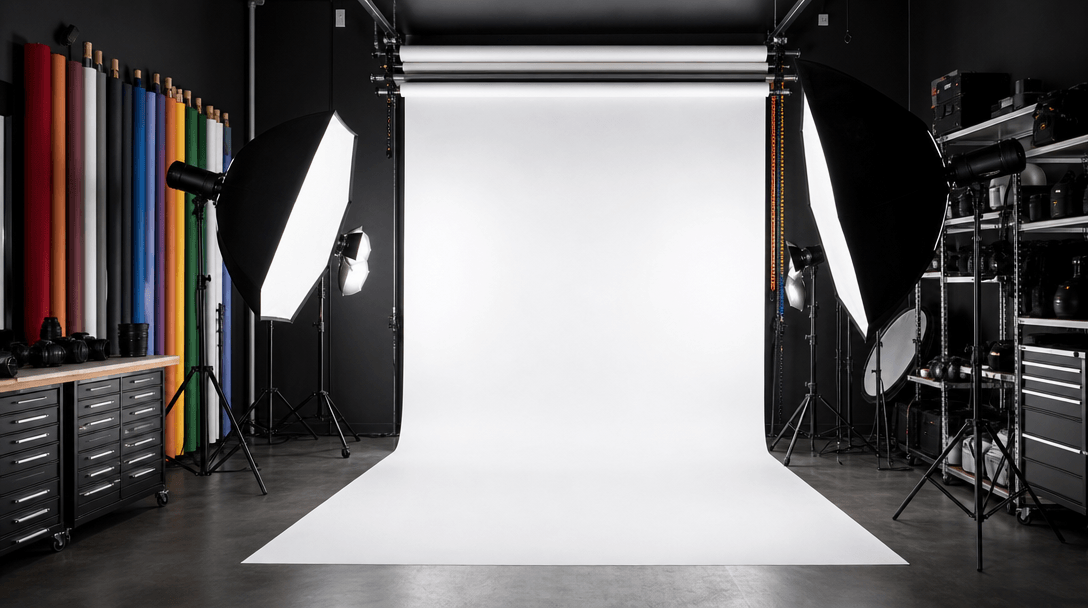 Professional studio backdrop materials and lighting equipment visible, white seamless paper rolls, studio lights, light 