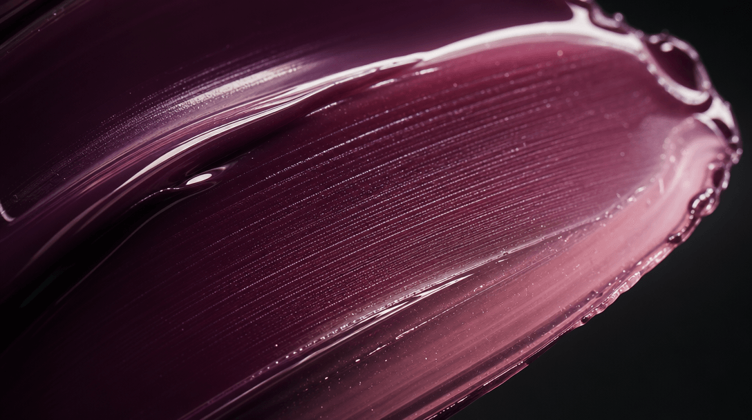 Extreme close-up of a freshly applied lip gloss smear — rich pigment in deep plum transitioning to a translucent rose ed
