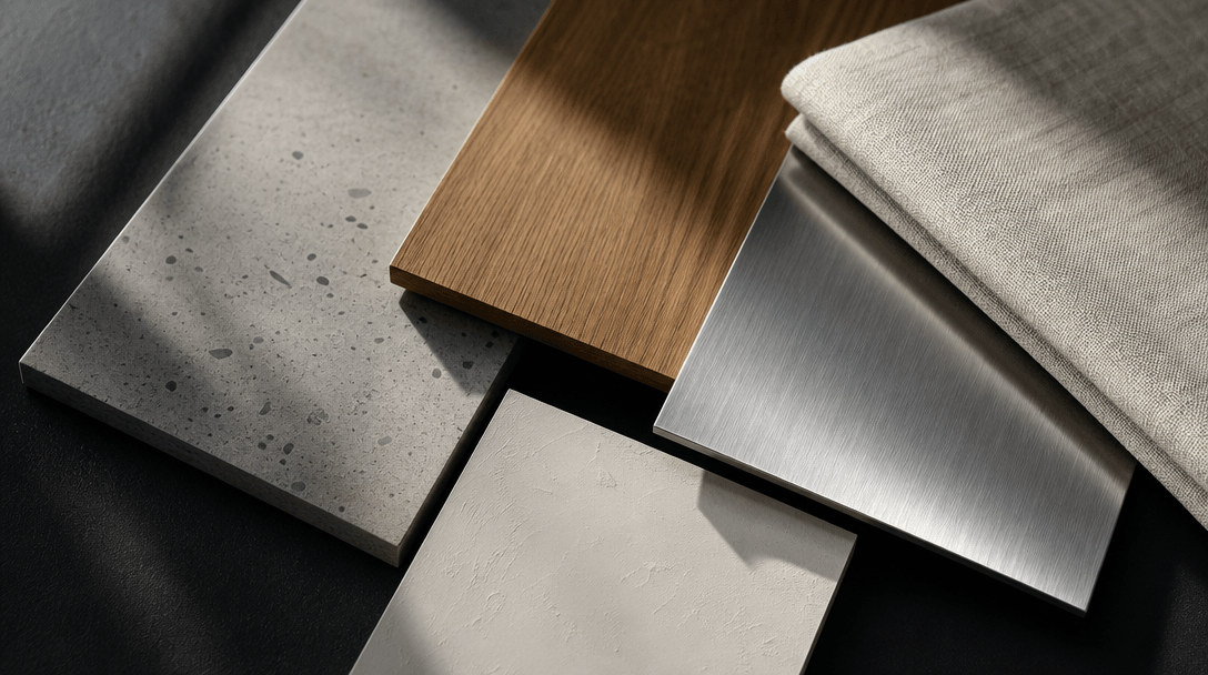 Close-up abstract editorial arrangement of photorealistic architectural material swatches — polished concrete, warm oak 