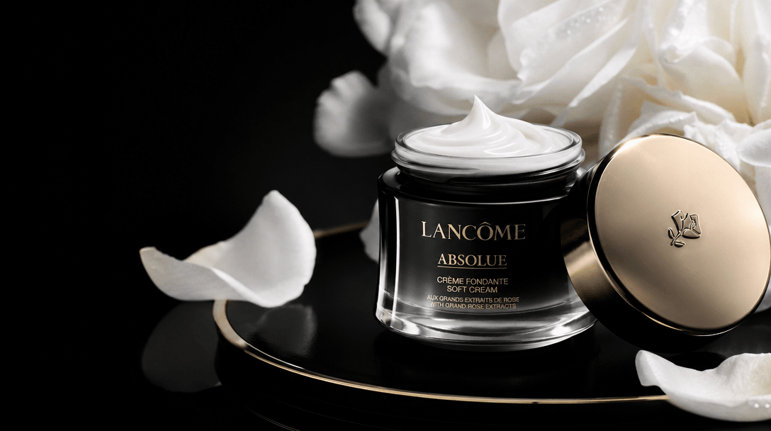 Luxury fashion-style product photography with deep blacks and luminous whites. High-contrast editorial lighting, premium