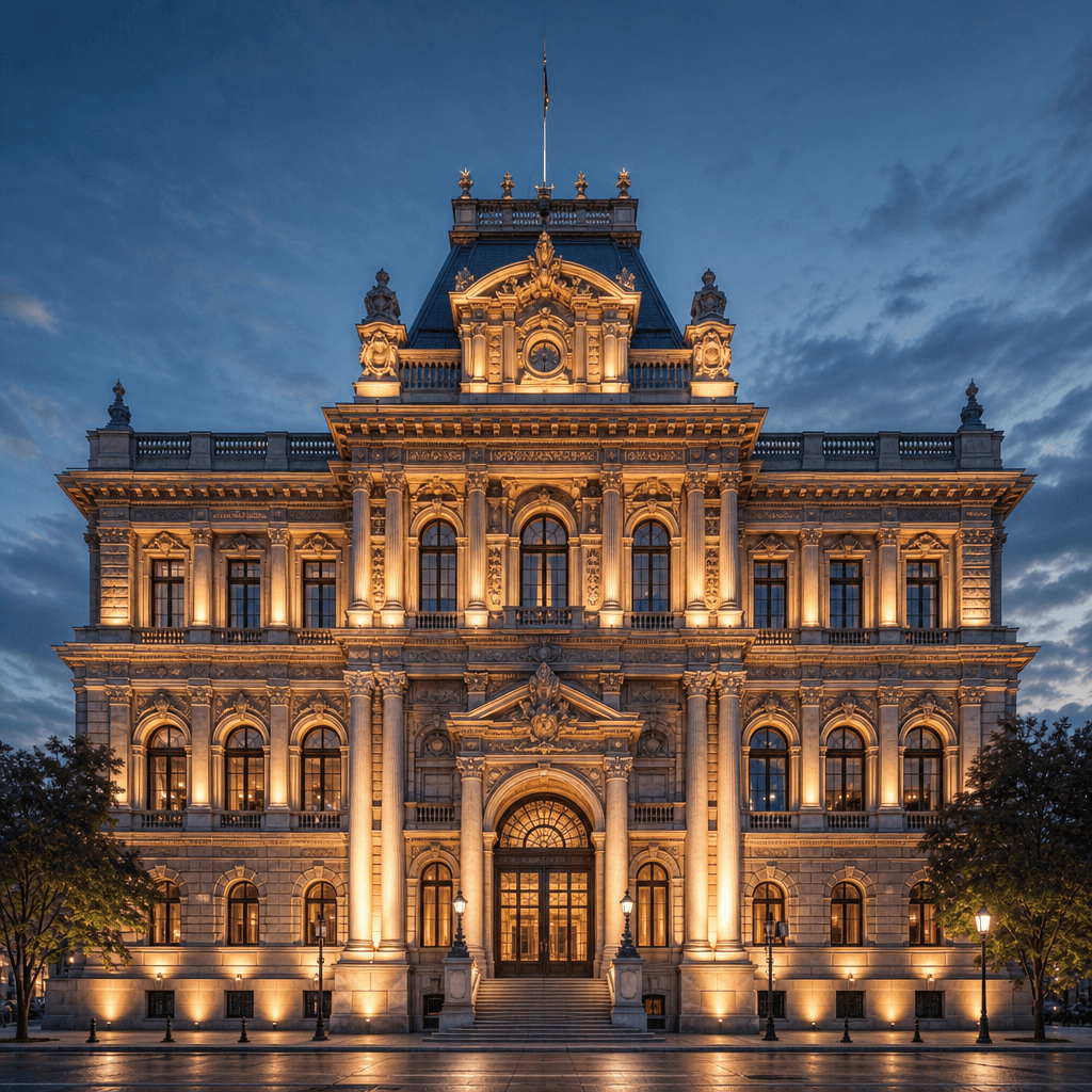 Historic building elevation with elegant evening lighting, warm golden light on architectural details, heritage preserva