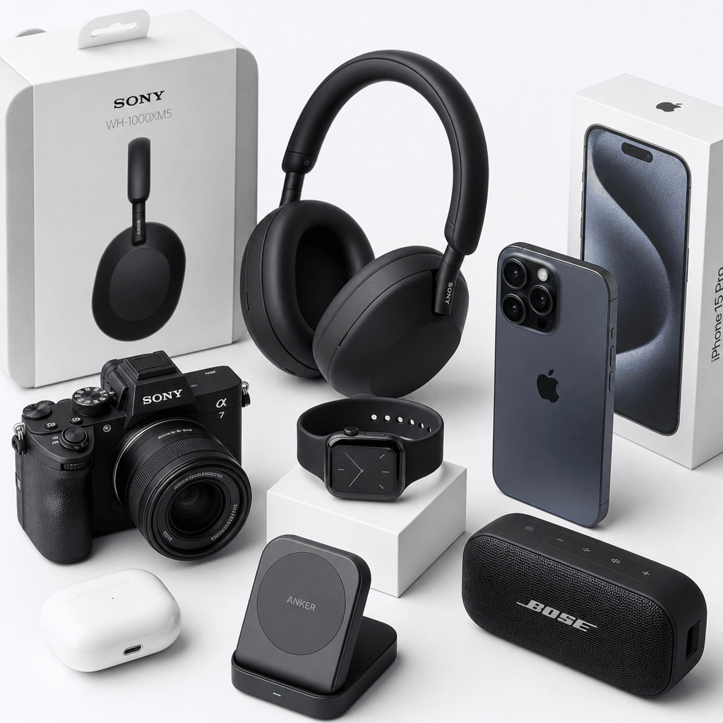 Premium electronics bundle displayed on clean white surface, multiple tech products arranged artfully, studio lighting c