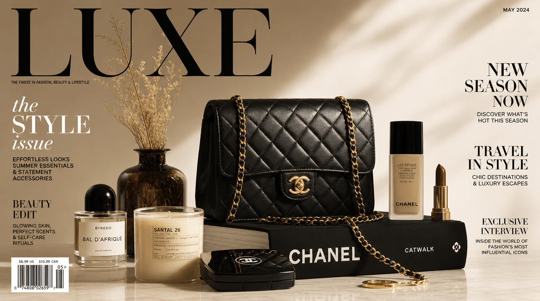 Magazine cover style product photoshoot with multiple items, professional editorial lighting, luxury brand aesthetic.