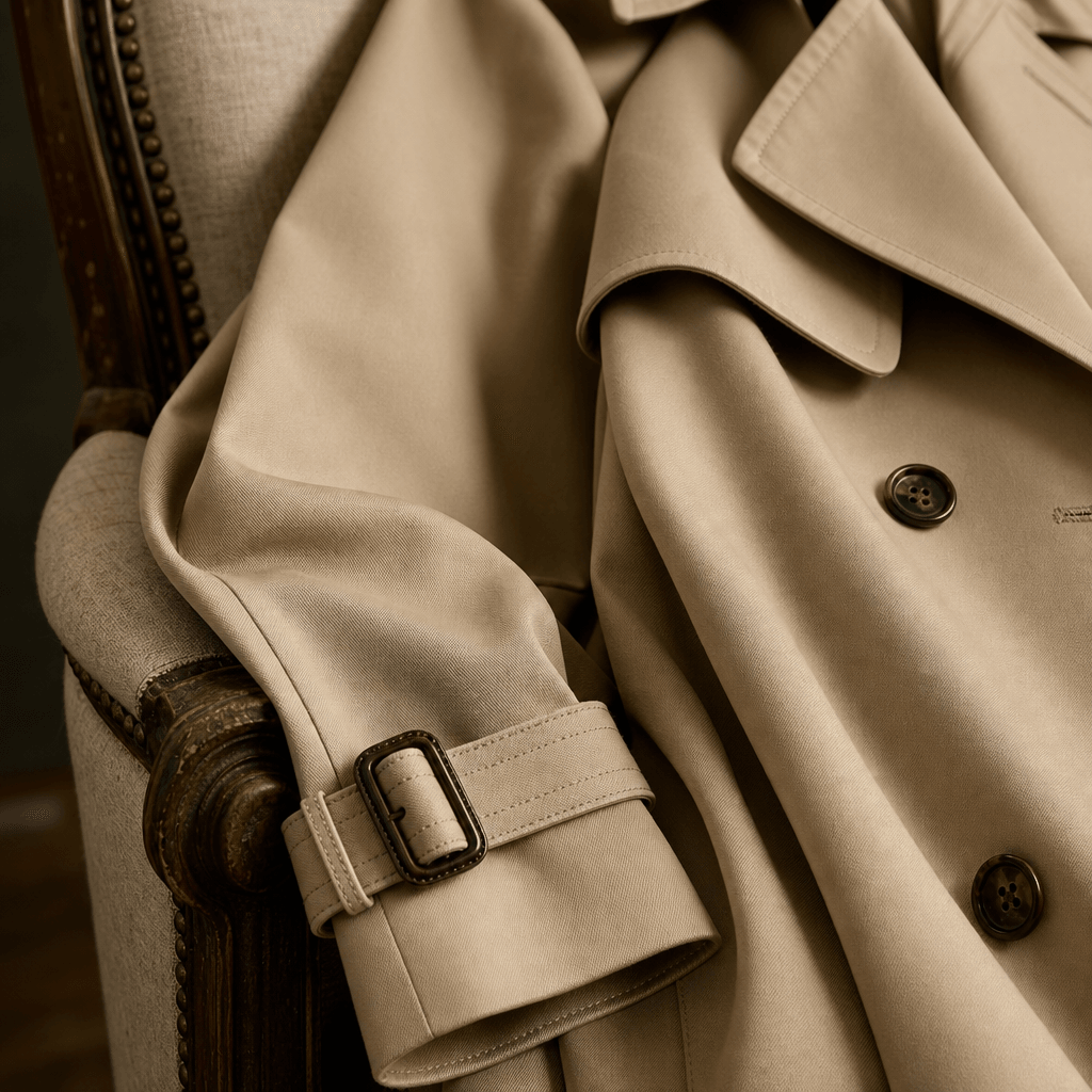 A close-up shot of a trench coat's fabric details, elegantly draped over a vintage chair, highlighting the texture and q