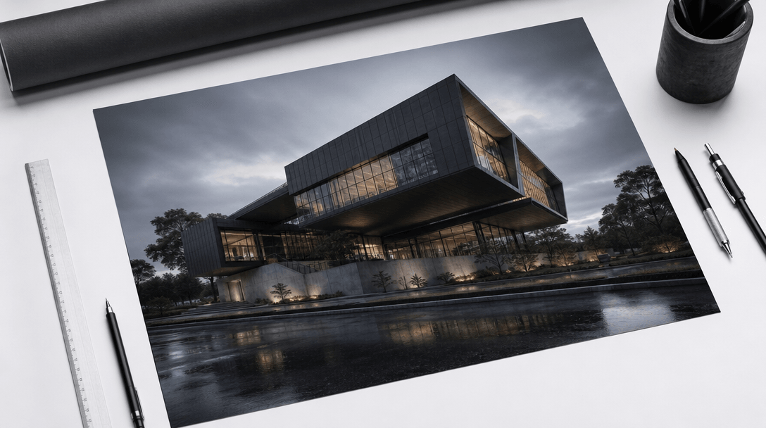 Architectural photography hero shot: a printed A2 presentation board showing a photorealistic building visualization, pl