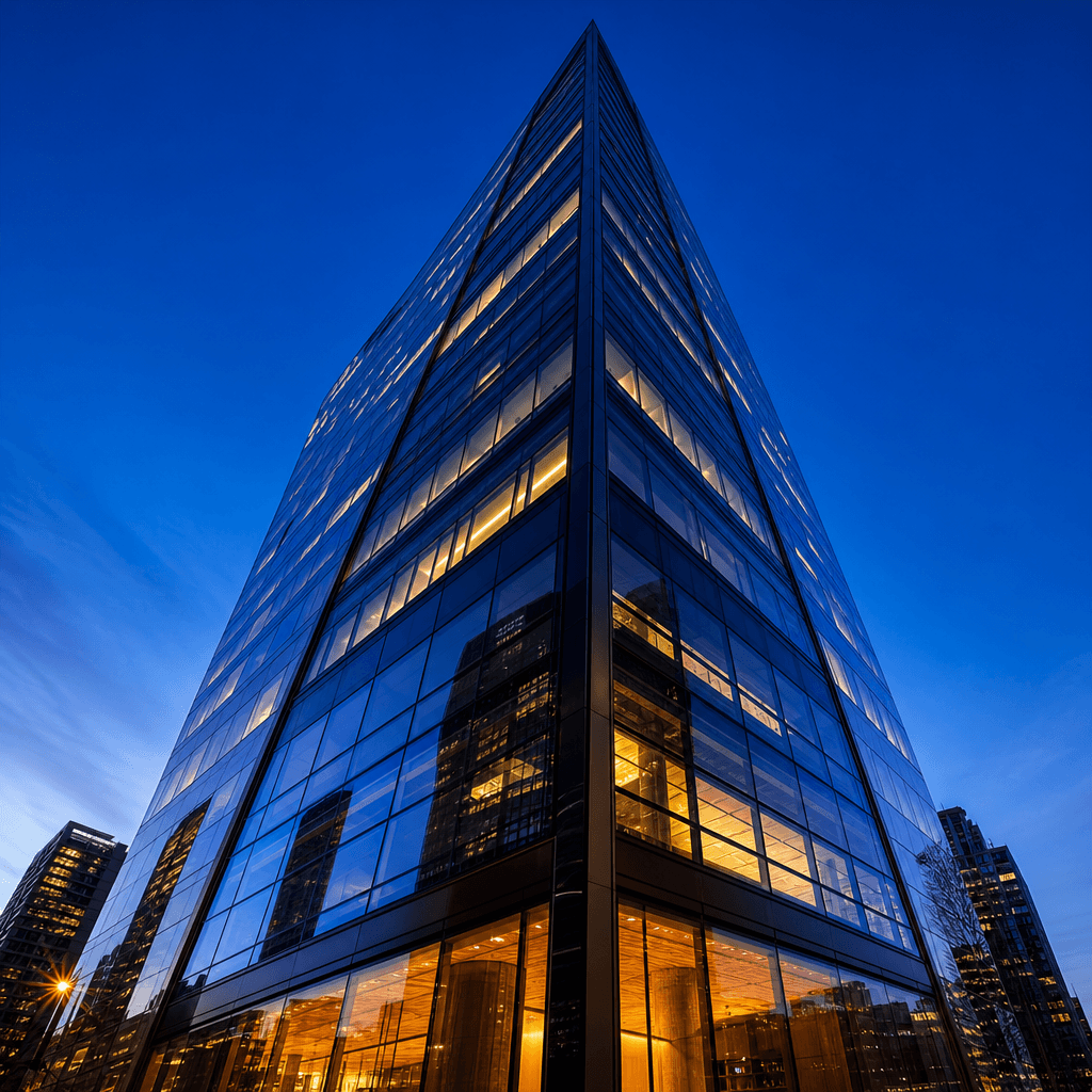 Dramatic glass and steel commercial tower photographed from below against deep cobalt twilight sky. Curtain wall geometr
