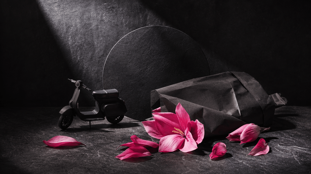 An art-directed still life combining a miniature matte scooter silhouette, fresh flower petals, folded delivery paper, a