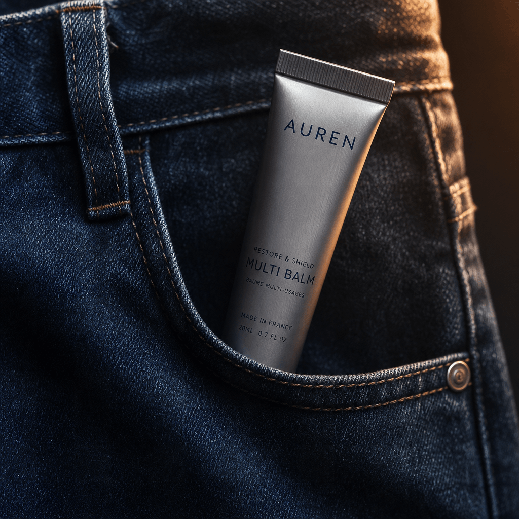 A sleek skincare balm in a metallic tube emerging from a denim pocket, natural creases and stitching rendered in precise