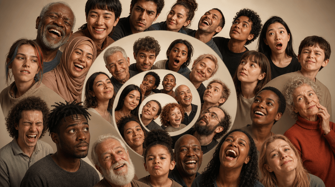 Diverse group of expressive faces arranged in flowing gentle spiral—varied skin tones, ages, genders, facial features, e