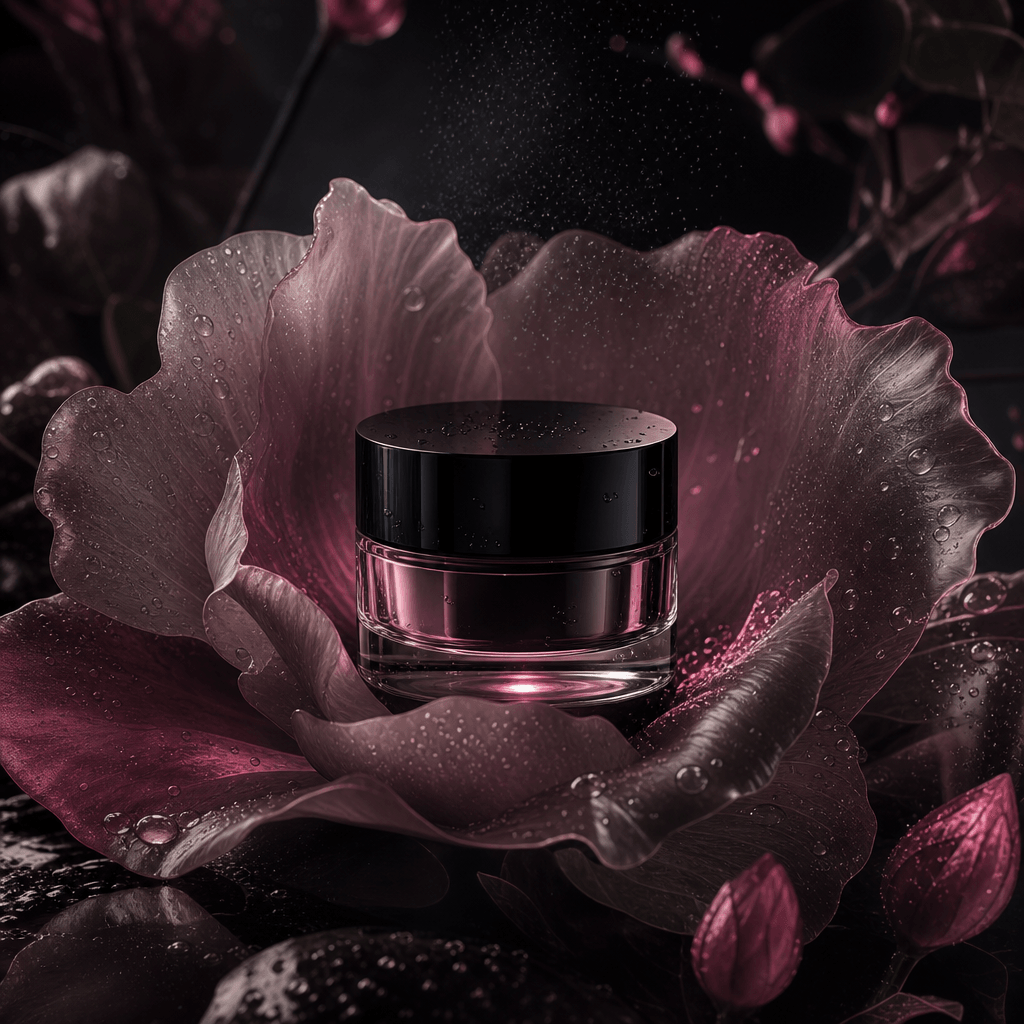 A premium skincare jar emerging from oversized translucent flower petals in a shadowy dream garden. The packaging is cle