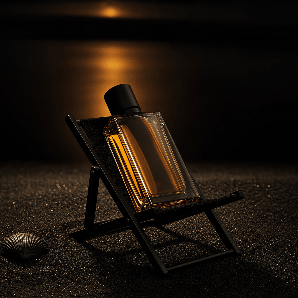A minimalist amber fragrance bottle reclining on a tiny black beach lounger, with volcanic sand, a single shell, and sub