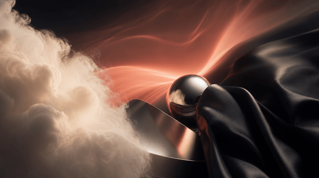 Four distinct atmospheric materials meeting in one refined scene: calm ivory vapor, energetic coral light, precise metal