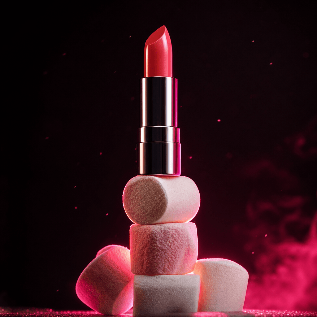 A glossy coral lipstick balanced on a stack of pastel marshmallows, near-black editorial background, hot pink rim light,