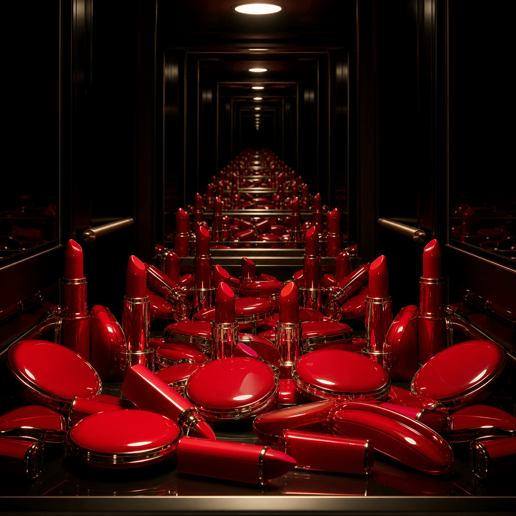 Dark editorial elevator shot filled with vibrant scarlet lipstick bullet cases and lacquered compacts. Single spotlight 
