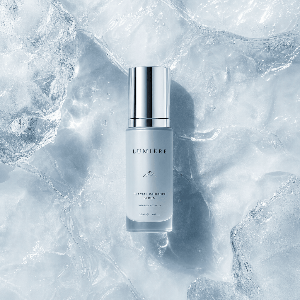 A top-down view of a beauty product on a reflective icy surface, capturing the elegance of the Glacier template. The com
