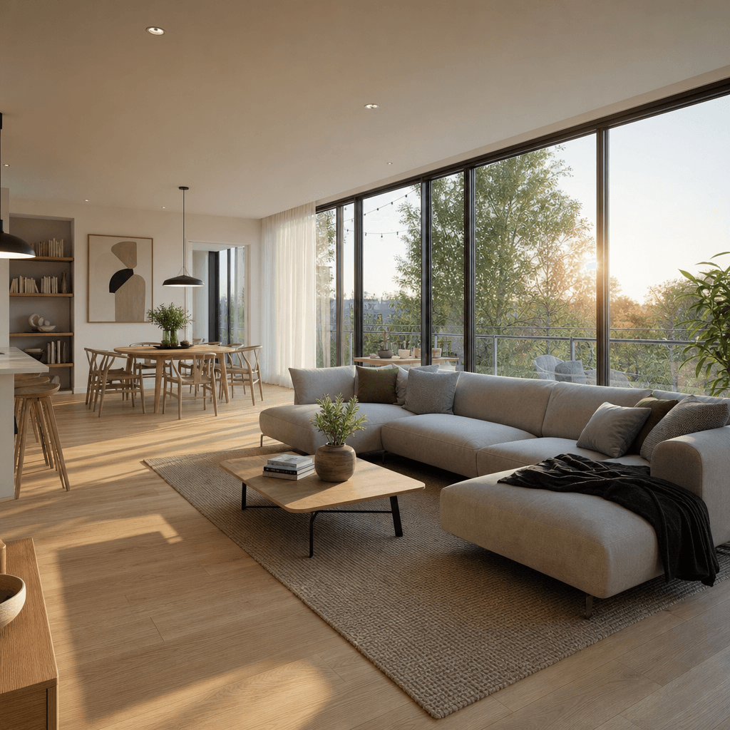 Photorealistic 3D visualization of a modern open-plan living room, warm late-afternoon light streaming through floor-to-