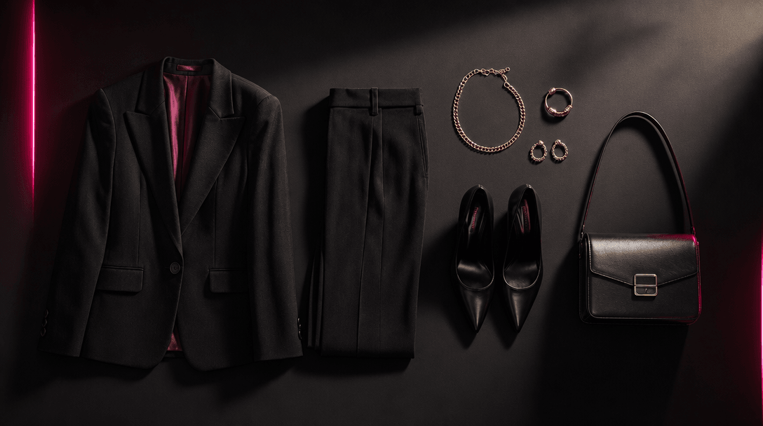 An atmospheric overhead scene of separate fashion pieces moving into a balanced composition: jacket, trousers, shoes, ha