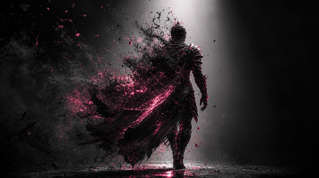 A heroic silhouette forming from suspended ink, charcoal dust, and glowing hot pink particles inside a black studio envi