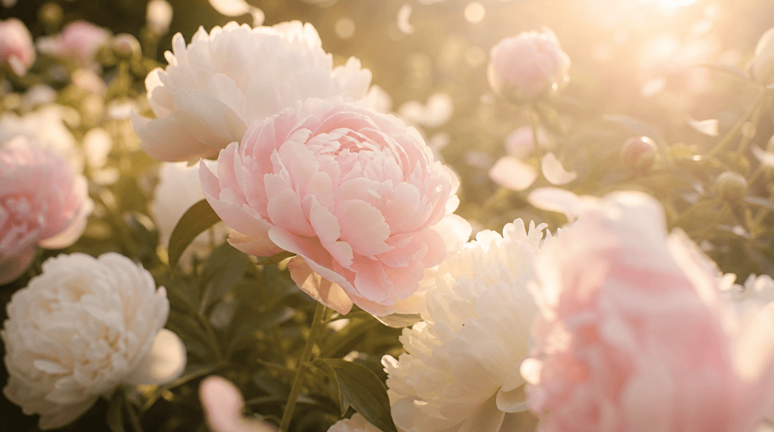 Soft white and pale pink peonies swaying in gentle breeze, golden hour sunlight backlighting delicate petals. Ethereal d