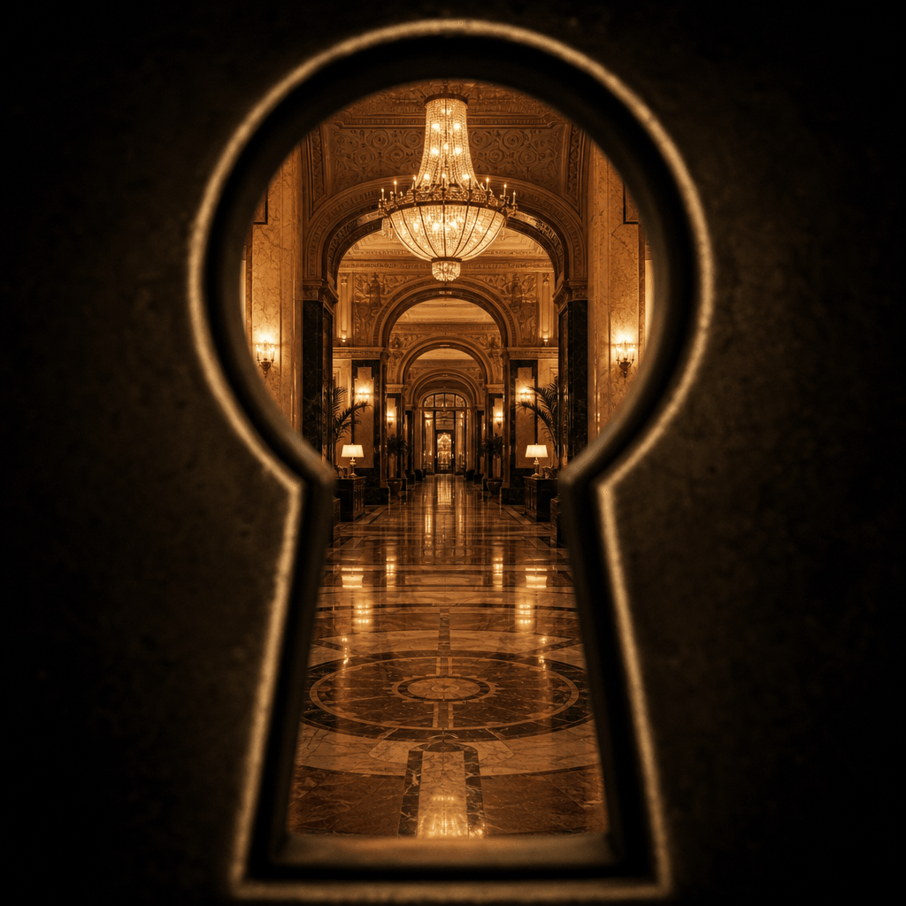 Historic grand hotel lobby corridor viewed through a keyhole-shaped vignette — ornate chandelier, marble floors, art dec