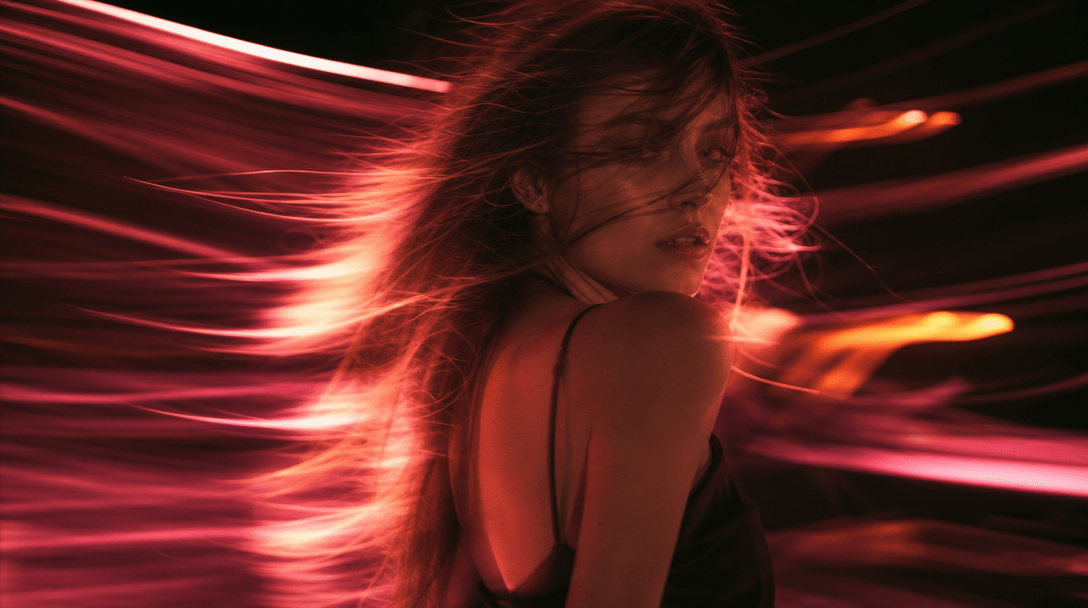 Light trails and motion blur with pink warm tones, cinematic lighting effect, dynamic light painting, editorial photogra