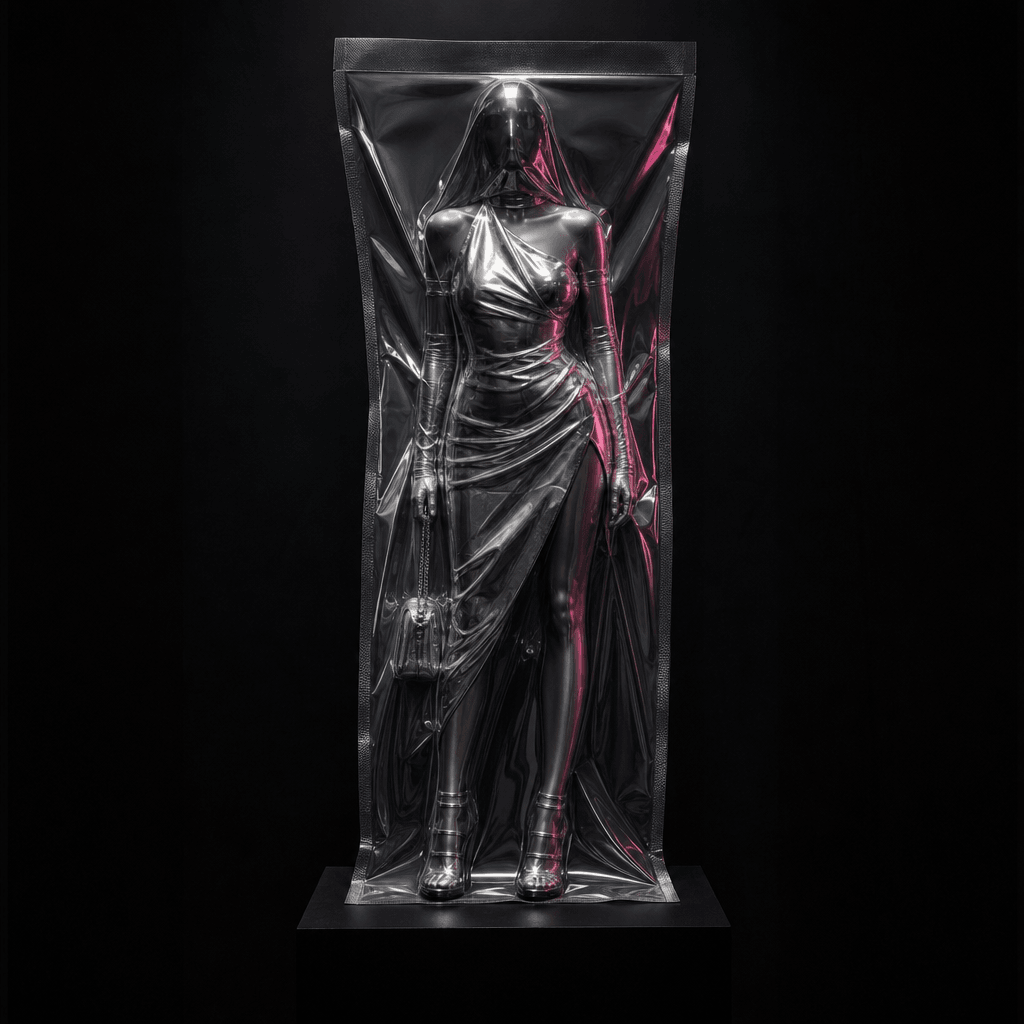 An elegant anonymous figure in a metallic evening outfit presented as a vacuum-packed collectible, transparent film conf